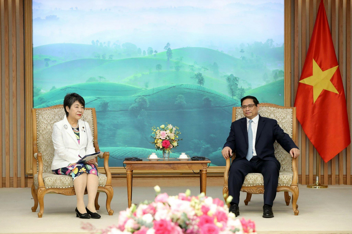 Prime Minister Pham Minh Chinh (R) and new Japanese Foreign Minister Yoko Kamikawa during their meeting in Hanoi on October 10