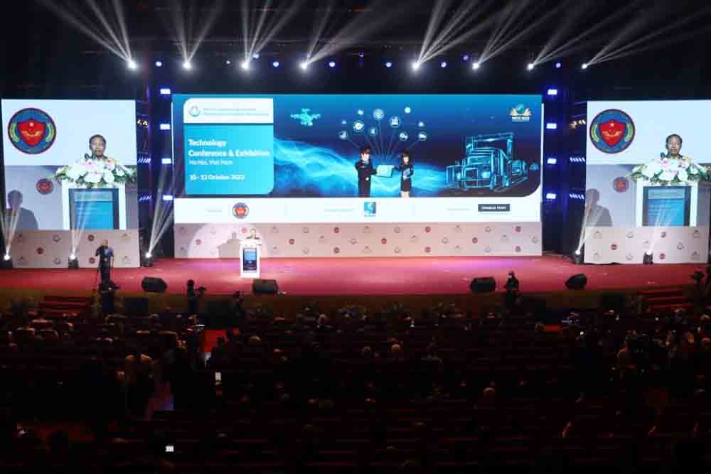 An overview of the opening ceremony of the 2023 World Customs Organisation (WCO) Technology Conference and Exhibition in Hanoi on October 10.