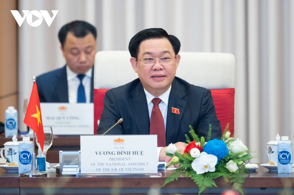 Vietnamese National Assembly Chairman Vuong Dinh Hue during his talks with Russian State Duma Chairman Vyacheslav Victorovich Volodin in Hanoi on October 15