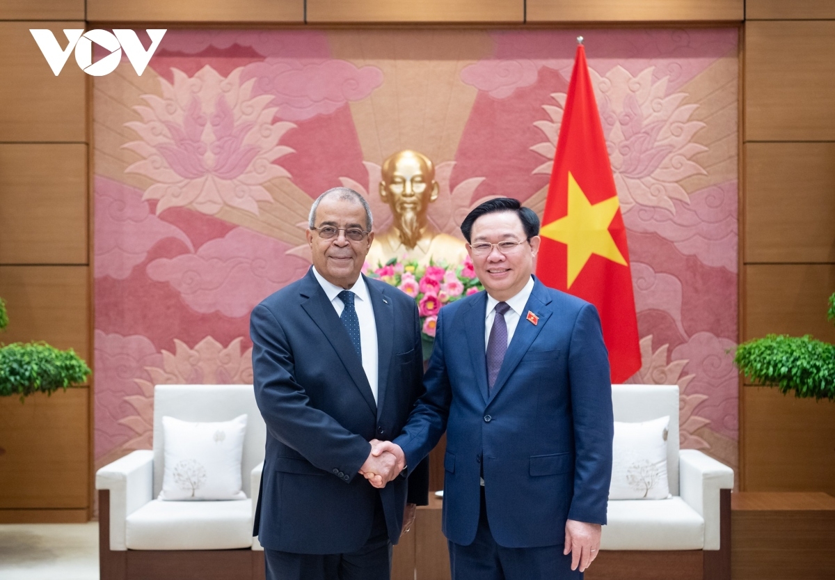 Vietnamese National Assembly Chairman Vuong Dinh Hue (R) and Algerian Minister Ali Aoun shaking hands ahead of their meeting in Hanoi on October 18