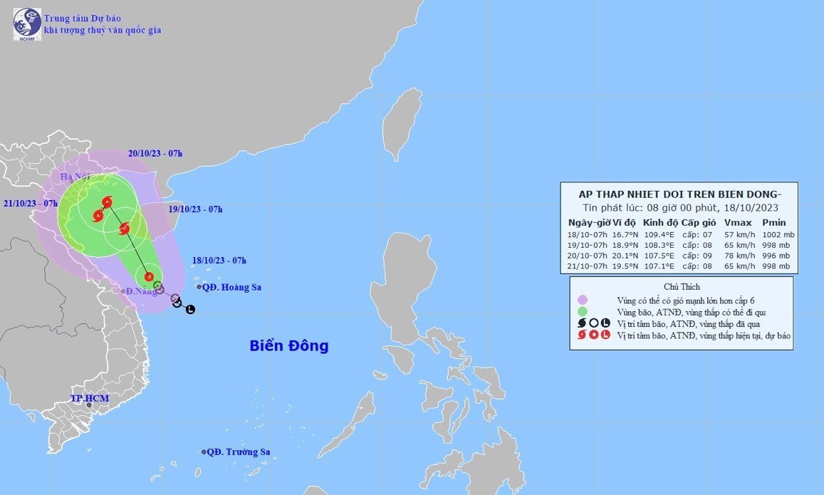 A tropical depression has gained strength into a storm that is moving along the central coast towards northern Vietnam in a couple of days. (Photo: National Centre for Hydro-Meteorological Forecasting)