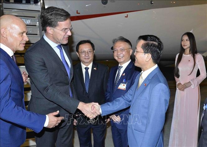 Vietnamese Deputy Minister of Foreign Affairs Ha Kim Ngoc shaking hands with Dutch Prime Minister Mark Rutte at Noi Bai International Airport on November 1 evening. 