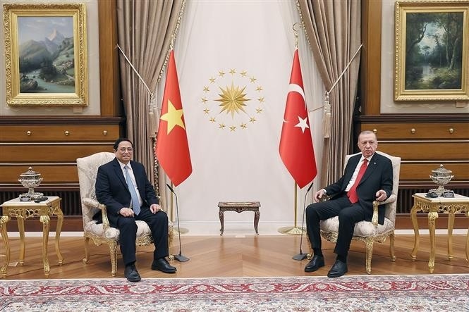 Turkish President Recep Tayyip Erdogan (R) and Vietnamese Prime Minister Pham Minh Chinh at the meeting