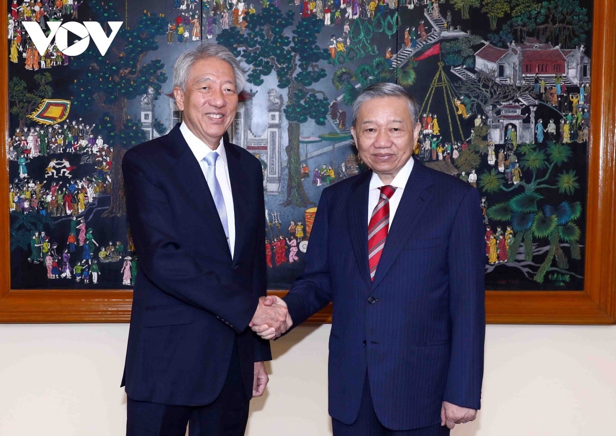 Vietnamese Minister of Public Security To Lam (R) and Singapore’s Coordinating Minister for National Security Teo Chee Hean shaking hands ahead of their talks in Hanoi on November 16.