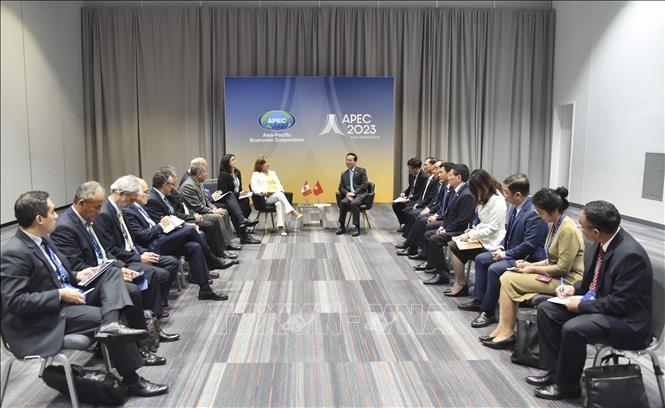 Vietnamese President Vo Van Thuong and Peruvian President Dina Ercilia Boluarte Zegarra meet on the sidelines of the 30th APEC Economic Leaders Meeting in San Francisco, USA, on November 17.