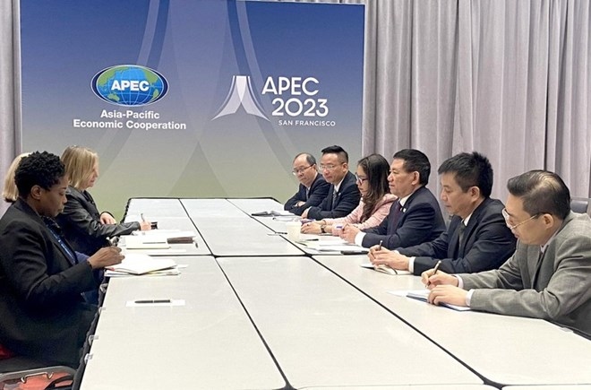 AN overview of a working session between Vietnamese Minister of Finance ho Duc Phoc and the World Bank's Managing Director for Operations Anna Bjerde on the the sidelines of the APEC Finance Ministers’ Meeting 2023 in San Francisco on November 13.