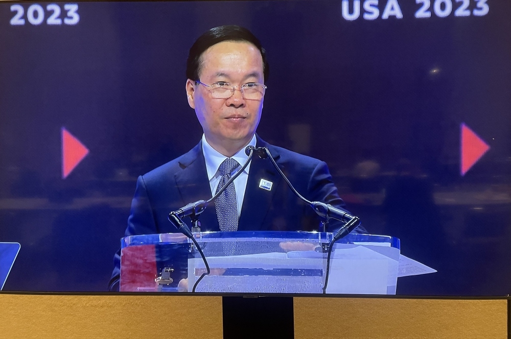 Vietnamese President Vo Van Thuong addresses the APEC CEO Summit in San Francisco, USA, on November 15