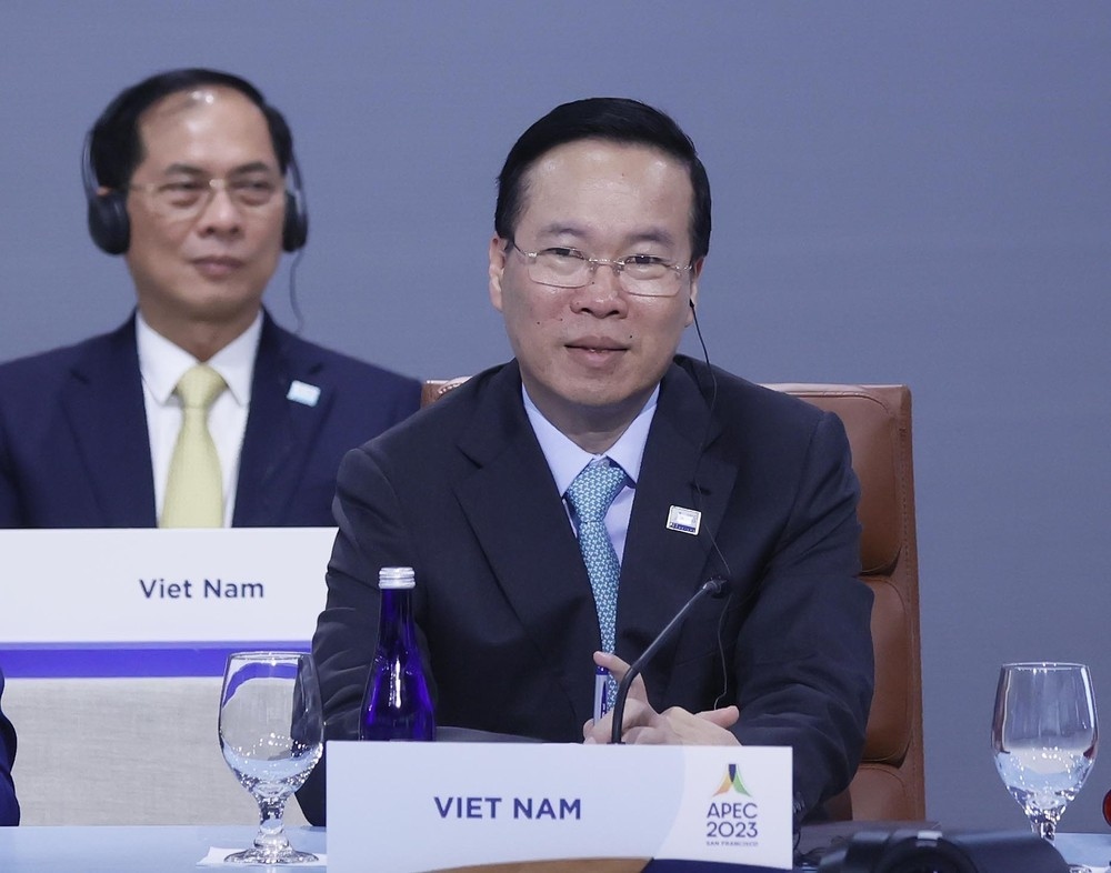 Vietnamese President Vo Van Thuong attends the meeting
