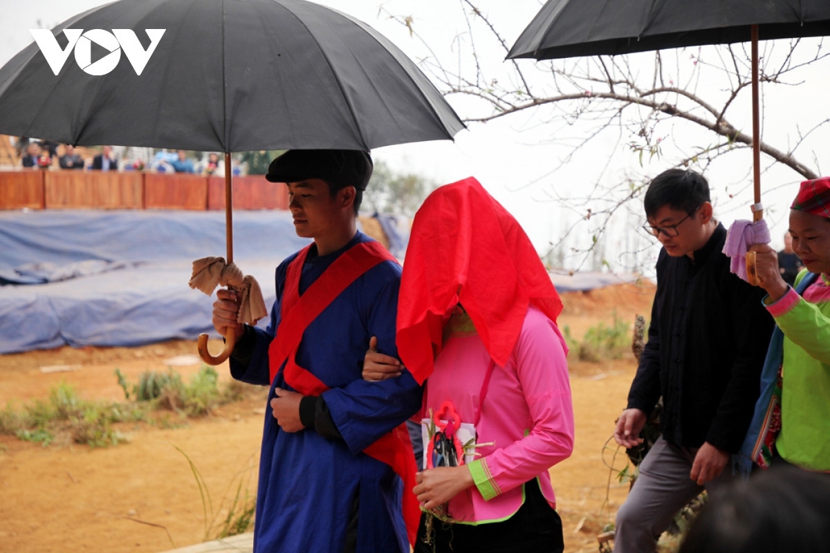 Along the way home, the bride is covered with a red scarf according to the traditional customs of the Giay ethnic people.