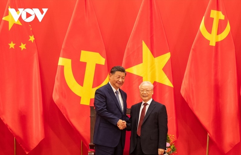 General Secretary of the Communist Party of China (CPC) Central Committee and President of the People's Republic of China Xi Jinping and Vietnamese Party leader Nguyen Phu Trong