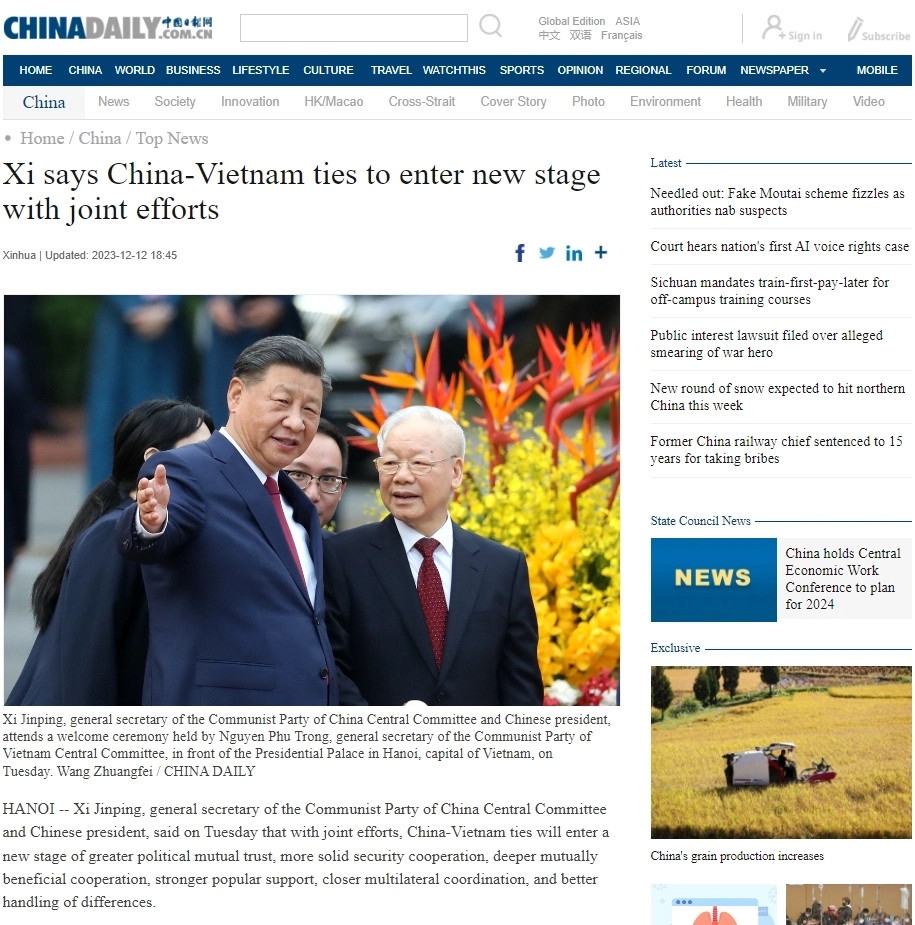 Vietnamese Party General Secratary Nguyen Phu Trong (R) and Chinese Party General Secretary and President Xi Jinping in a photo on Chinadaily