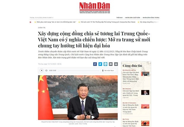 General Secretary of the Communist Party of China (CPC) Central Committee and President of the People's Republic of China Xi Jinping's article entitled "Building a China-Vietnam Community on Nhan dan Newspaper (Screenshot of Nhan dan Newspaper)