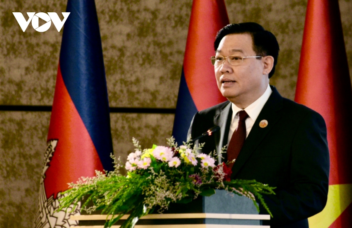 Vietnamese National Assembly Chairman Vuong Dinh Hue speaks at the first plenary session of the first CLV parliamentary summit in Vientiane on December 5