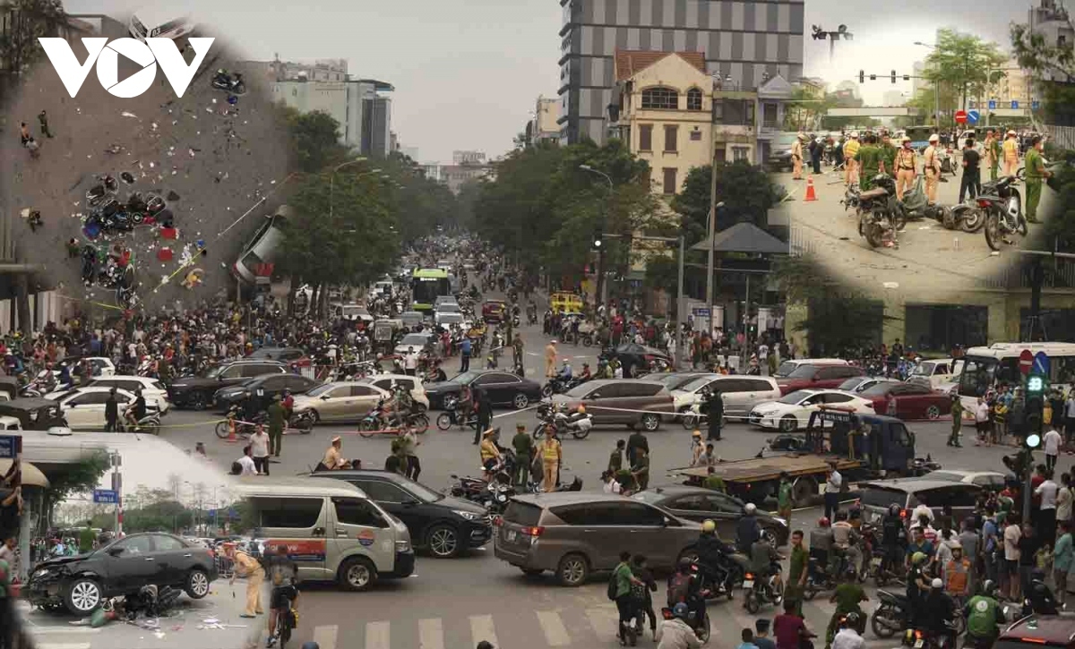 A total of 22 people are injured after a car driven by a 63-year-old man causes the collision at the Xuan La–Vo Chi Cong junction in Tay Ho district of Hanoi at 4:07 p.m. on April 5. There were at least 17 motorbikes struck by the vehicle.