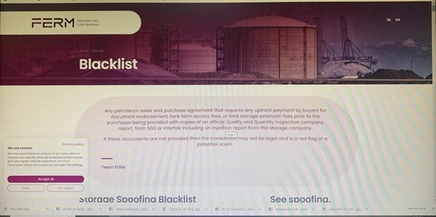 Information related to online fraud and a list of counterfeit websites compiled by the port authority of Rotterdam (continuously updated) can be accessed at https://ferm-rotterdam.nl/en/blacklist/ (Photo: Screenshots)