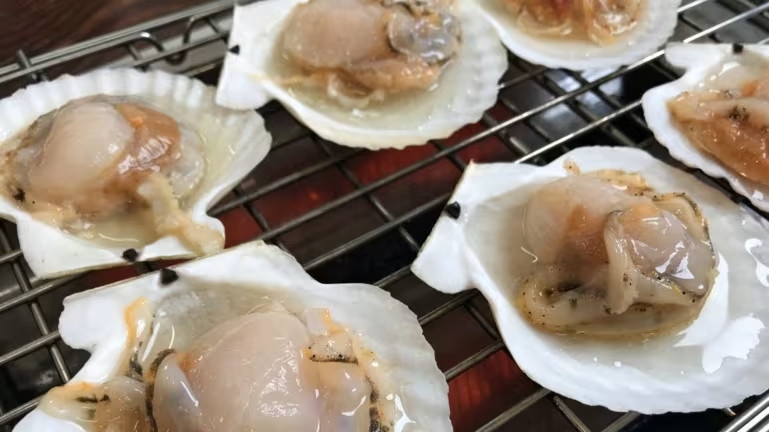Scallops are grilled in their shells. Scallops on the half-shell require less processing than shucked scallops. (Photo: Takumi Sasaki/Nikkei Asia)