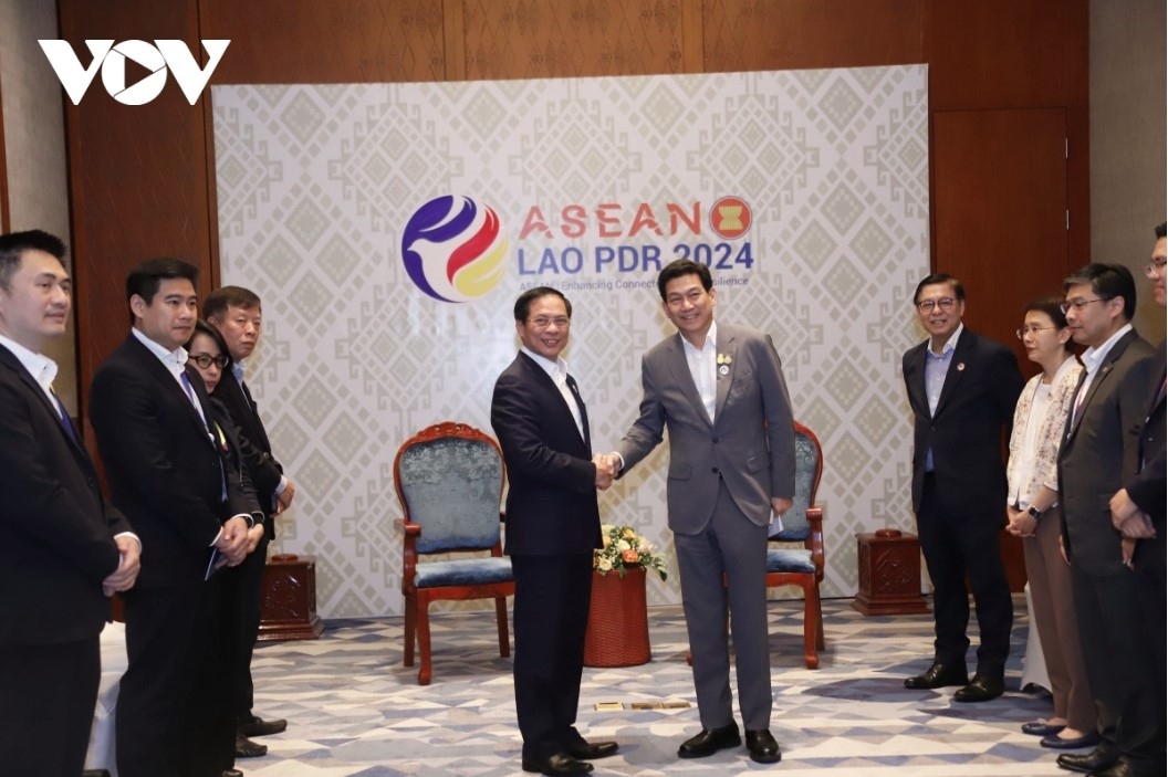 Minister of Foreign Affairs Bui Thanh Son (L) meets with Deputy Prime Minister and Minister of Foreign Affairs of Thailand Parnpree Bahiddha-Nukara 