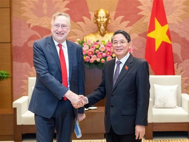 Vice Chairman of the National Assembly (NA) Nguyen Duc Hai (R) and Bernd Lange, Chairman of the European Parliament (EP)'s Committee on International Trade. (Photo: VNA)