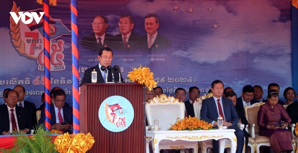 Samdech Techo Hun Sen, chairman of the ruling Cambodian People’s Party (CPP), addresses a ceremony in Phnom Penh on January 7, marking 45 years of the victory over the Khmer Rouge genocidal regime