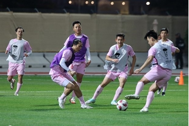 Vietnamese players in a training session on January 11. Vietnam will play against Japan on January 14 in the Asian Cup's Group D opener.( Photo courtesy of VFF)