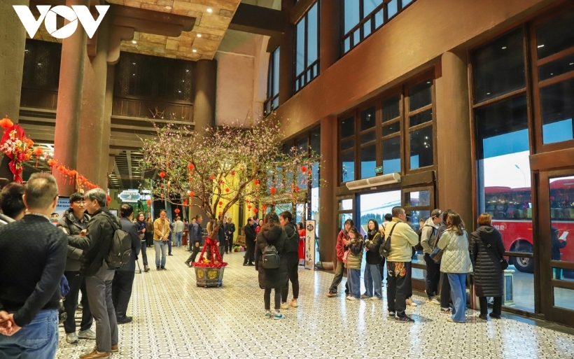 The Ha Long International Cruise Port is filled with peach blossoms to welcome tourists.