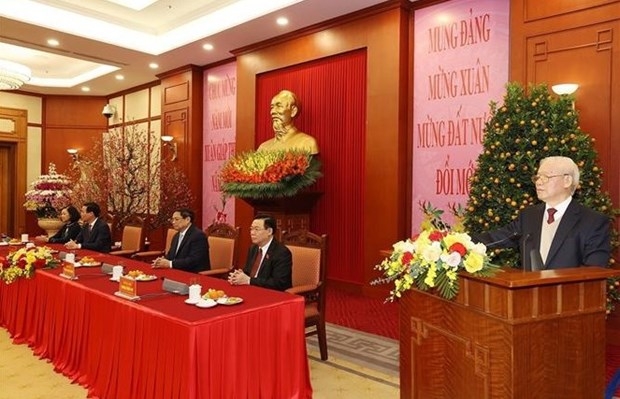 Party General Secretary Nguyen Phu Trong speaks at the meeting in Hanoi on February 7.