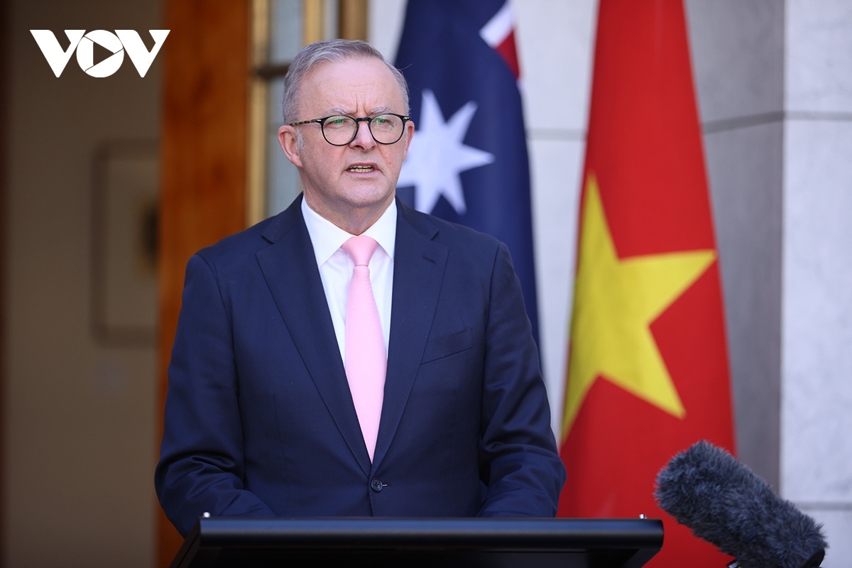 Australian Prime Minister Anthony Albanese speaks at the press briefing