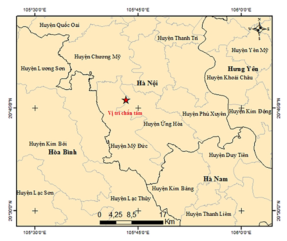 The red star is the place where the 4.0 magnitude quake jolts Hanoi capital on March 25 (Photo: Institute of Geophysics of Vietnam)