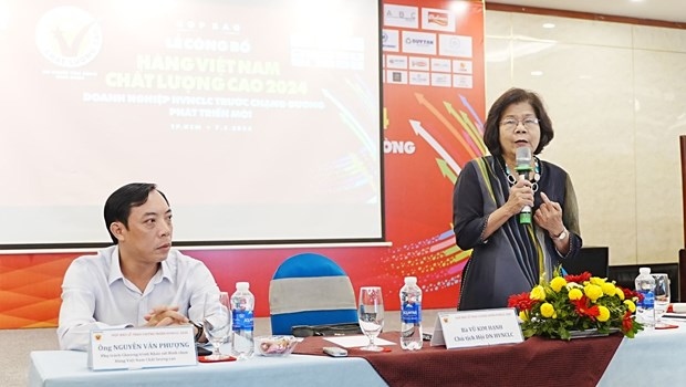 Vu Kim Hanh, Chairwoman of the Business Association of High Quality Vietnamese Products, speaks at a conference to announce the list on March 7.