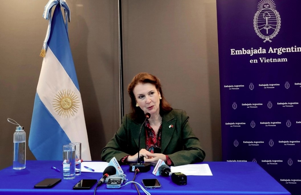 Argentina’s Minister of Foreign Affairs, International Trade and Worship Diana Elena Mondino addresses the press conference
