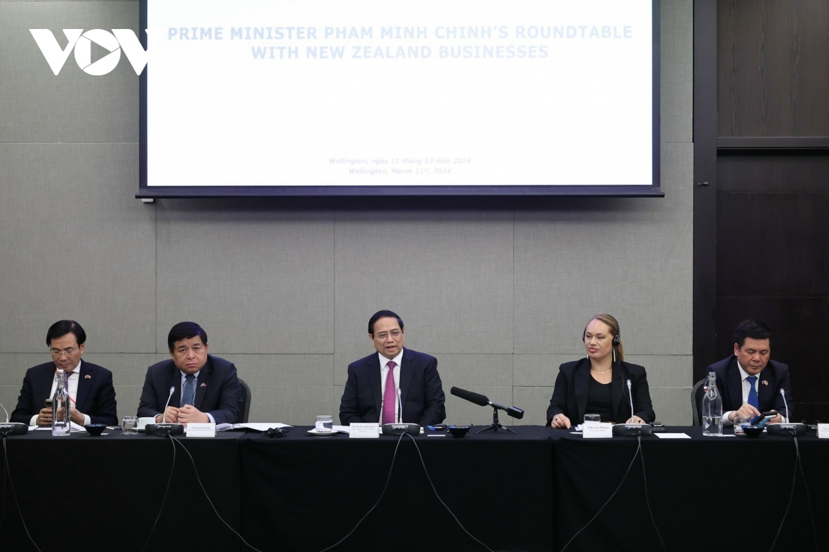 Vietnamese Prime Minister Pham Minh Chinh (centre) speaks at his meeting with New Zealand businesses in Wellington on March 11.