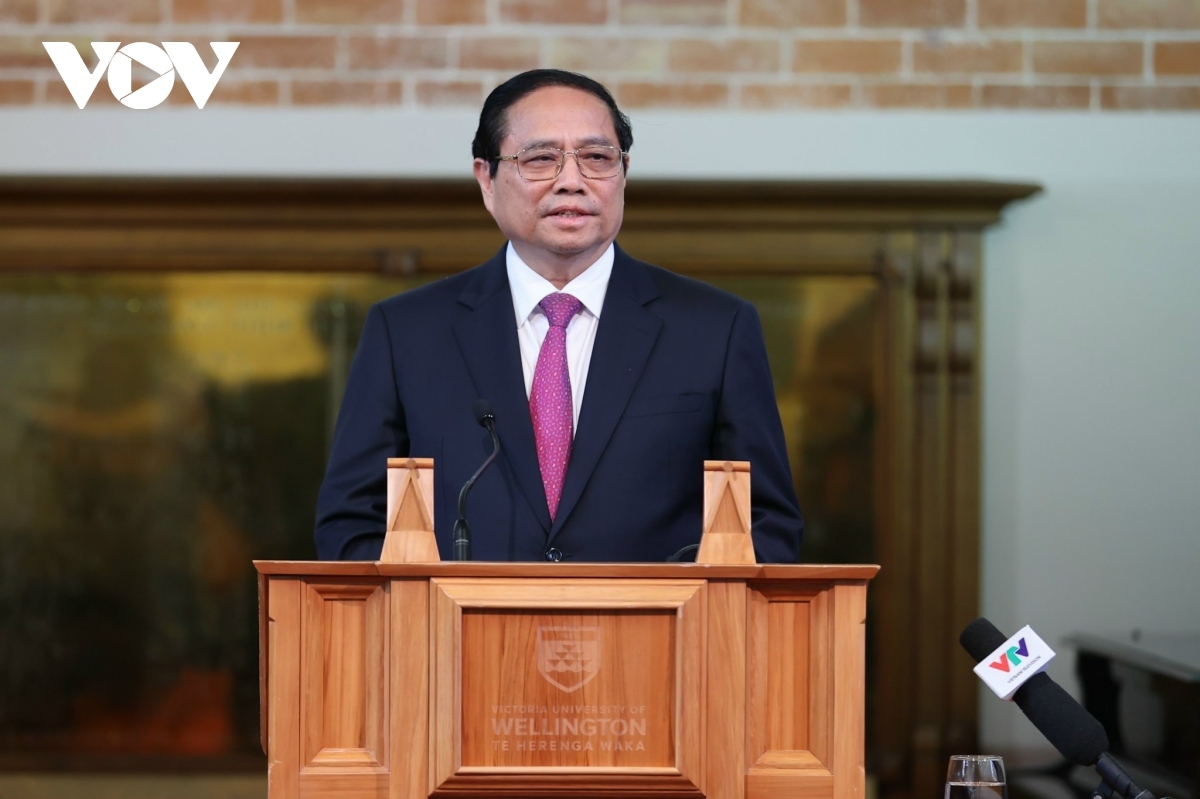 Vietnamese Prime Minister Pham Minh Chinh talks development policy at Victory University of Wellington on March 11