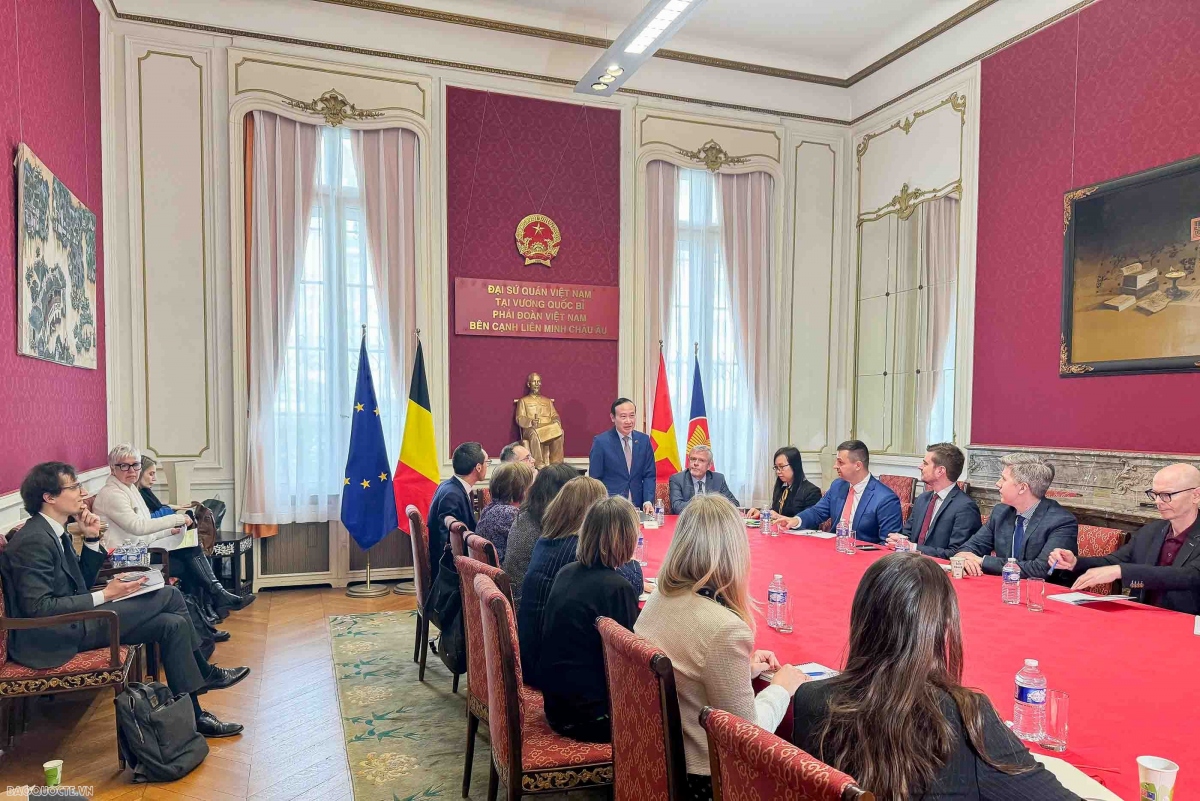 An overview of the working session in Brussels on April between the Vietnamese Delegation to the EU and the Asia-Oceania Working Party (COASI) of the European Council. (Photo: Vietnamese Embassy in Brussels)