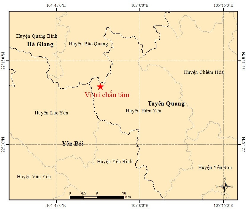 The epicentre of the 4.0 magnitude earthquake in Tuyen Quang province on April 27 afternoon. (Photo: Institute of Geophysics of Vietnam)