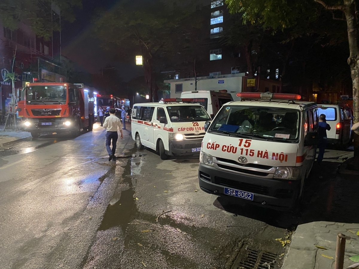 Ambulances at the scene of the deadly fire in Hanoi on May 24.