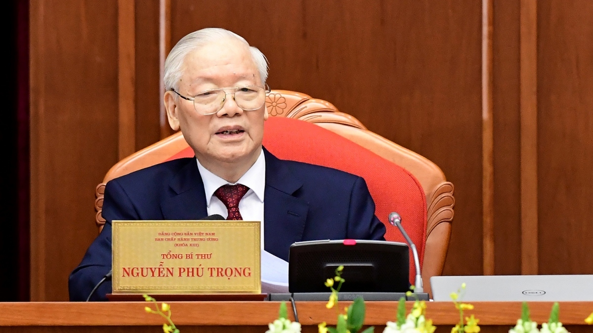 Party General Secretary Nguyen Phu Trong delivers a closing speech at the plenum.