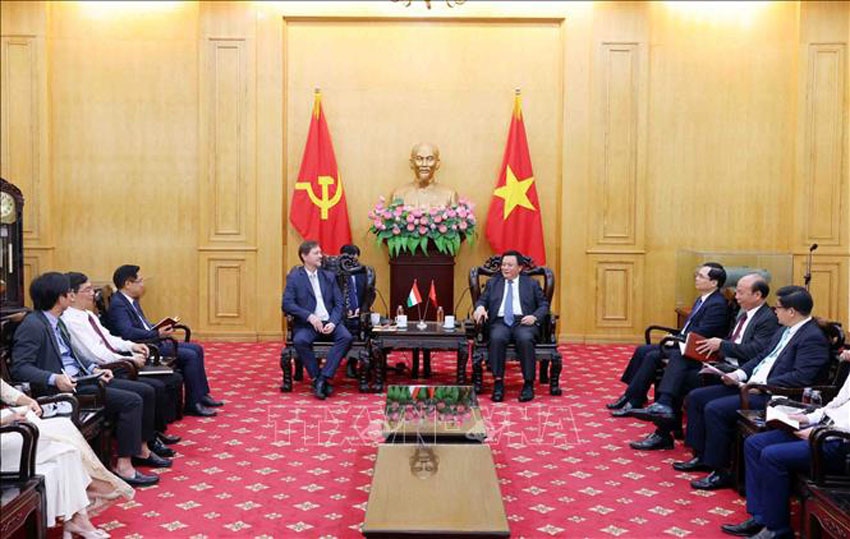 Nguyen Xuan Thang, Politburo member and president of the Ho Chi Minh National Academy of Politics, receives newly accredited Hungarian Ambassador Baloghdi Tibor, in Hanoi on June 11. (Photo: VNA)