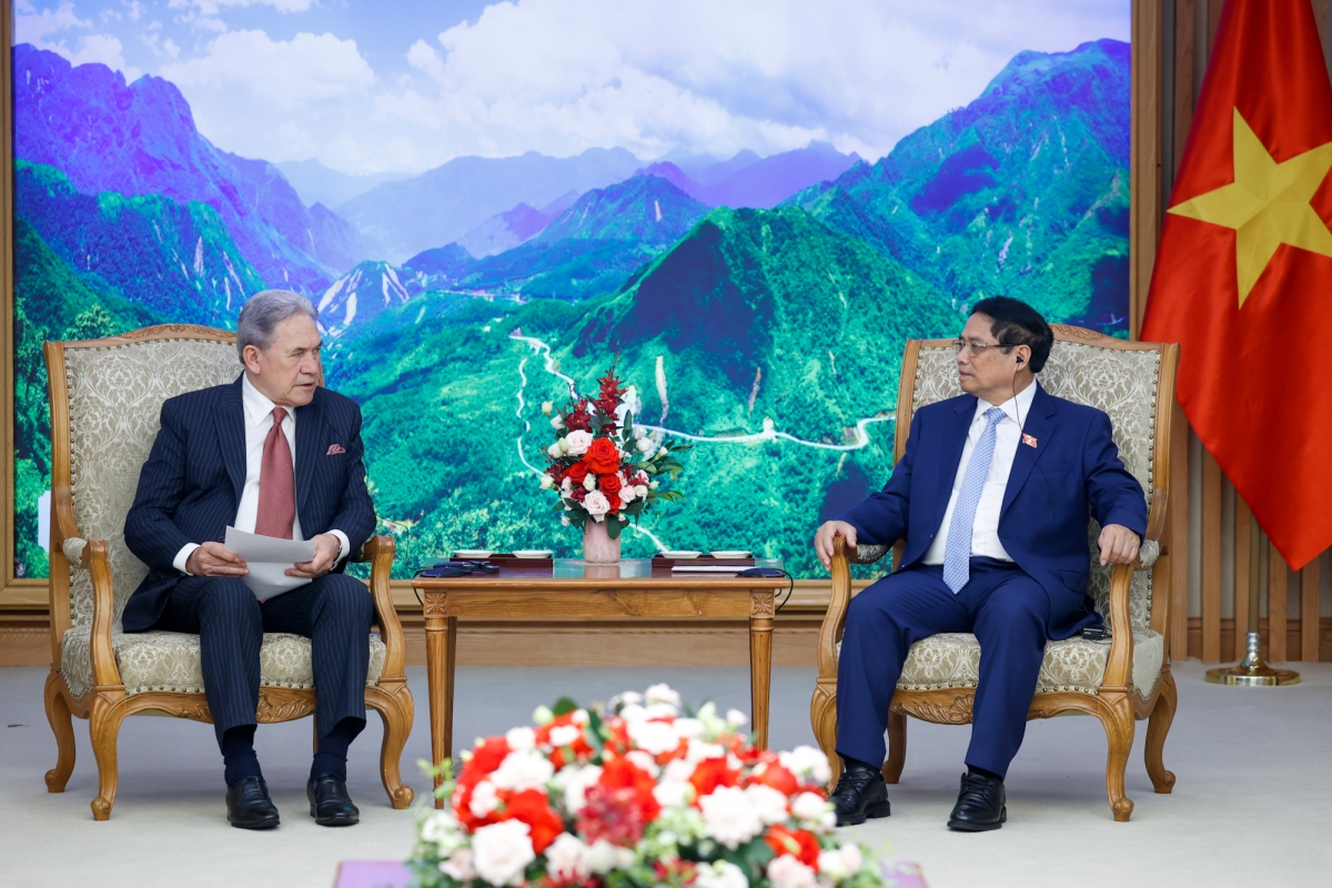 Vietnamese Prime Minister Pham Minh Chinh (R) and New Zealand Foreign Minister Winston Peters during their meeting in Hanoi on June 5. (Photo: VGP)
