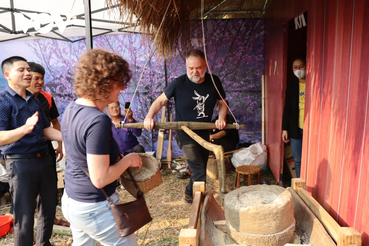 Foreign tourists try pounding rice in the northern mountainous area of Vietnam