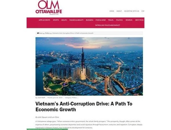  The article about Vietnam's anti-corruption efforts  on Canada’s Ottawa Life magazine. (Photo: VNA broadcasts)