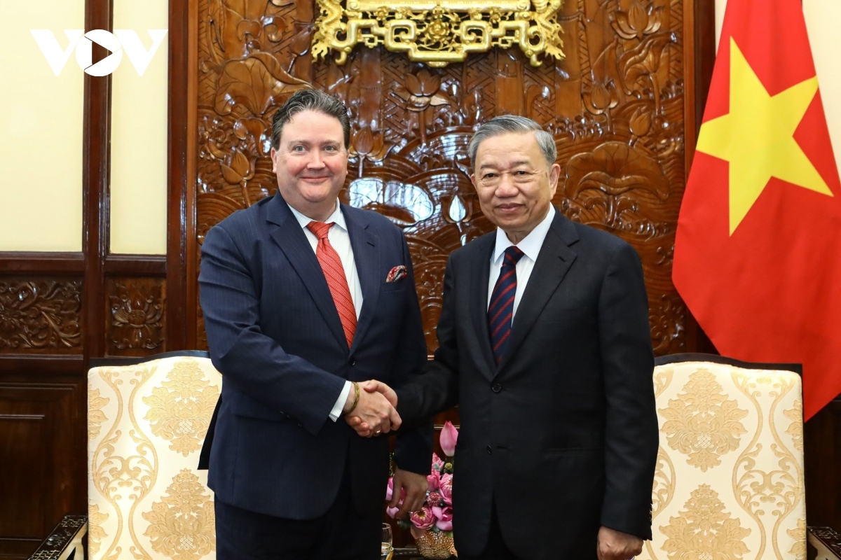 President To Lam (R) shaking hands with US Ambassador to Vietnam Marc Knapper ahead of their meeting in Hanoi on June 13