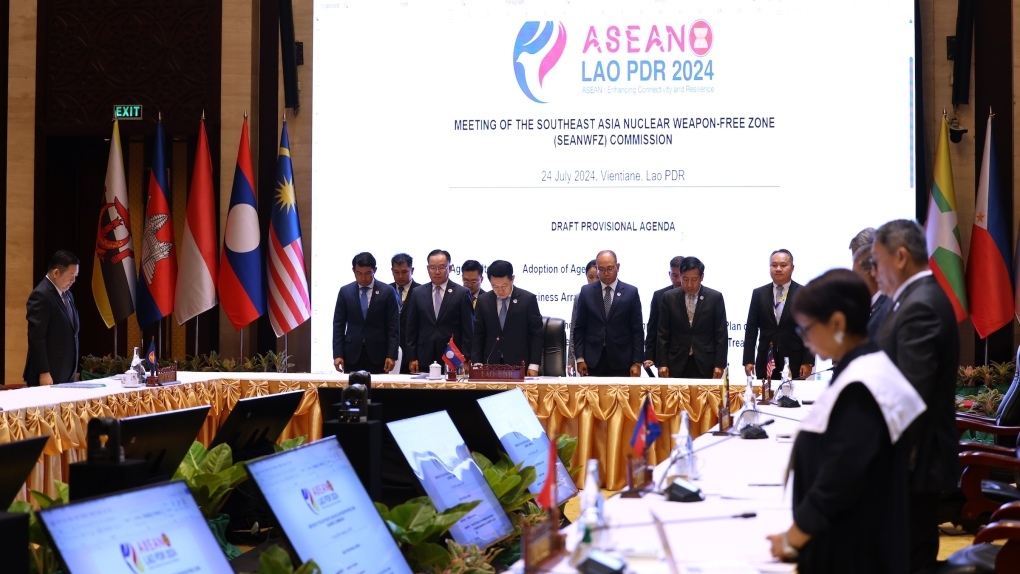 ASEAN Foreign Ministers observe a minute of silence in commemoration of Vietnamese Party leader Nguyen Phu Trong, while attending a meeting in Vientiane, Laos, on July 24.