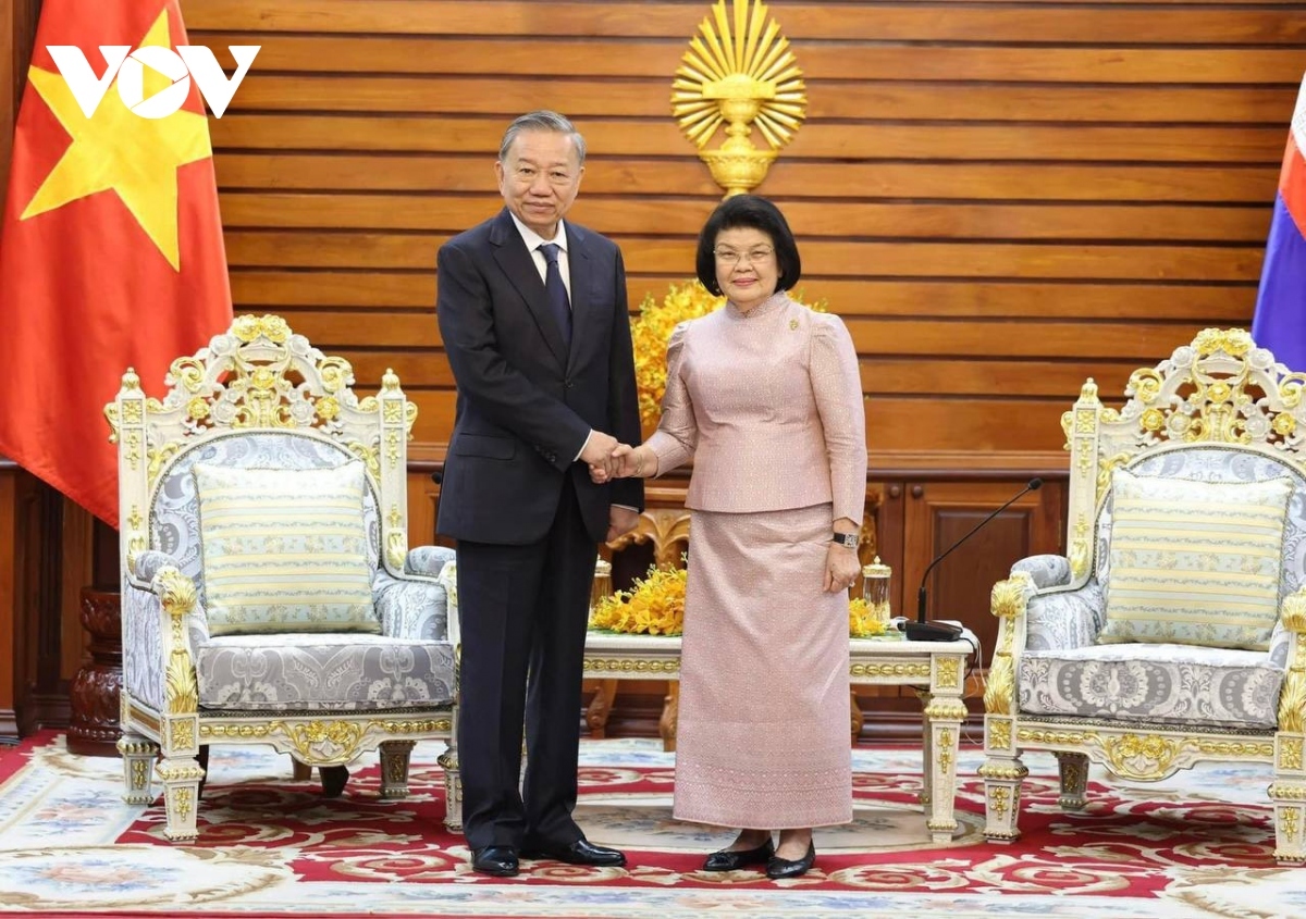 Cambodian NA President Khuon Sudary (R) welcomes Vietnamese President To Lam