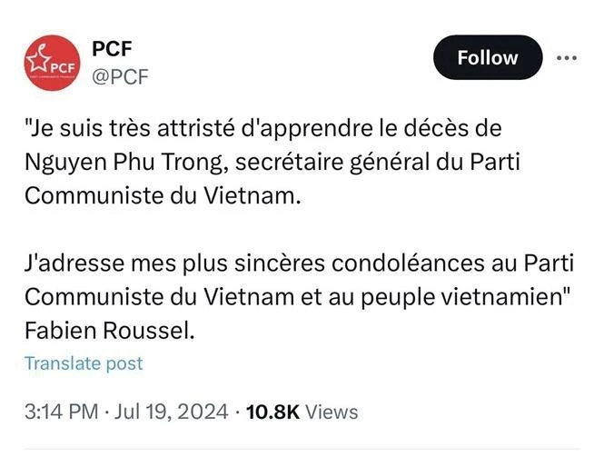 Head of the French Communist Party Fabian Roussel expresses his sympathy over the passing of Party General Secretary Nguyen Phu Trong.