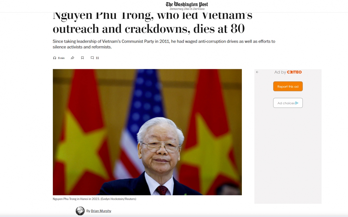 The Washington Post reviews the legacy of General Secretary Nguyen Phu Trong. (Photo screenshot of the Washington Post)