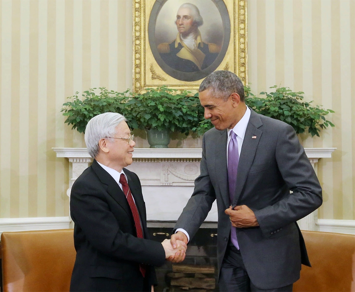 In 2015, General Secretary Nguyen Phu Trong becomes the first Vietnamese Communist Party leader to officially visit the United States, meeting with President Barack Obama in an historic event that set the foundation for upgrading Vietnam-US relations to a comprehensive strategic partnership in 2023. (Photo: VNA)