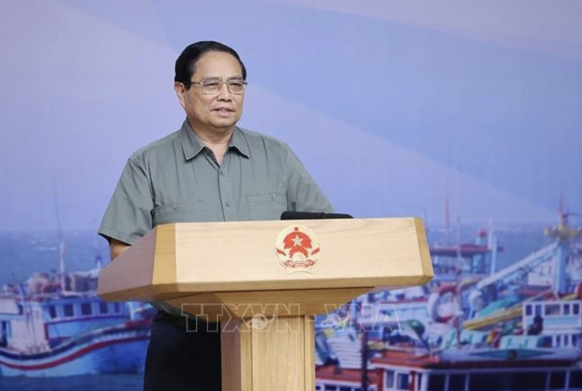 PM Pham Minh Chinh speaks at the August 28 meeting on IUU fishing prevention and control. (Photo: VNA)