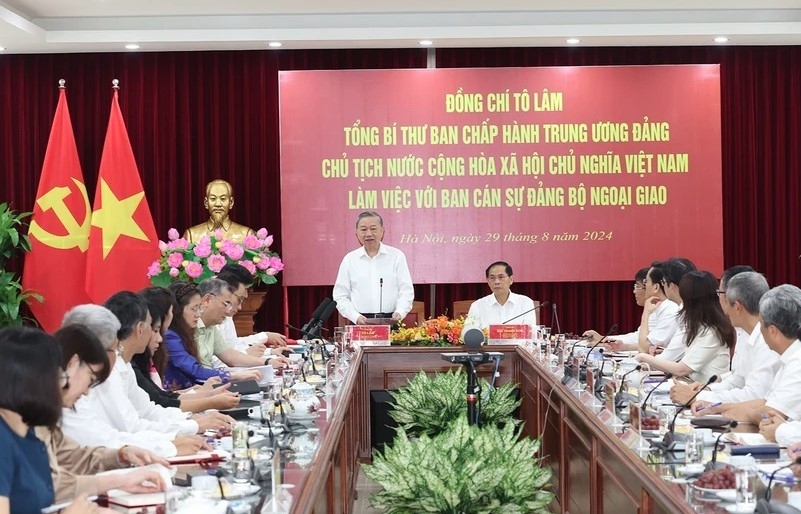 Party General Secretary and State President To Lam speaks at a working session with the Party Civil Affairs Committee of the Ministry of Foreign Affairs in Hanoi on August 29. (Photo: VNA)