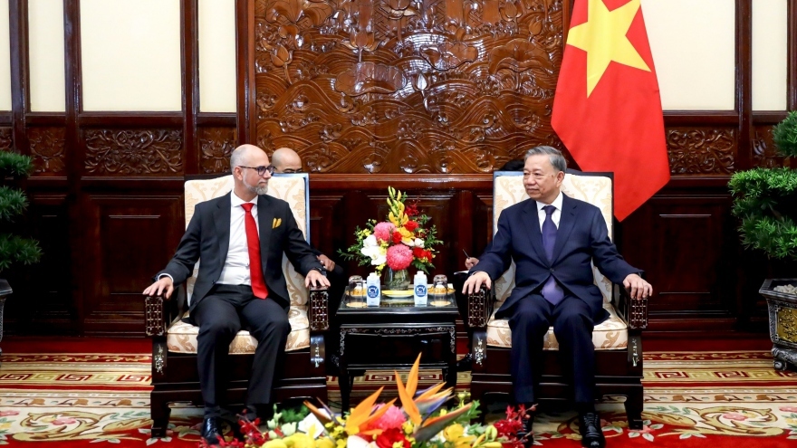 Vietnamese President To Lam (R) receives Canadian Ambassador Shawn Steil in Hanoi on August 2