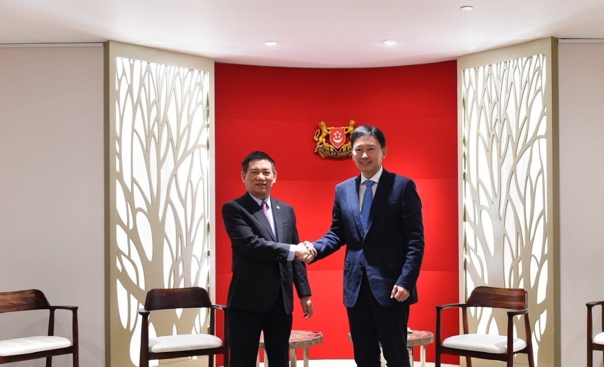 Minister of Finance Ho Duc Phoc (L) welcomes Second Minister for Finance of Singapore Chee Hong Tat.